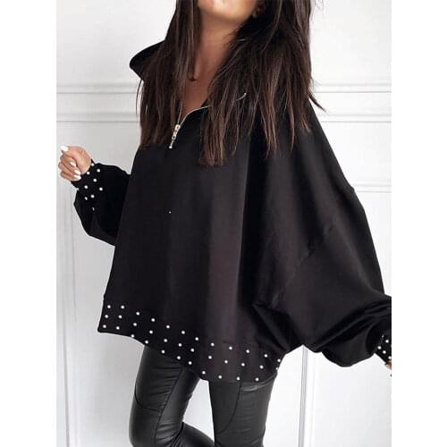 Fashion Women Spring Long Sleeve Loose Black Tops Beaded Detail Zipper Design Shirt Bat Sleeve Casual Tops Daily Wear
