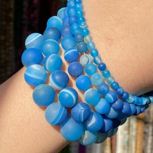Dull polished Natural Blue Striped Agates Beads Round Matte Stone Beads For Jewelry Making Diy Bracelet Necklace 4 6 8 10 12mm