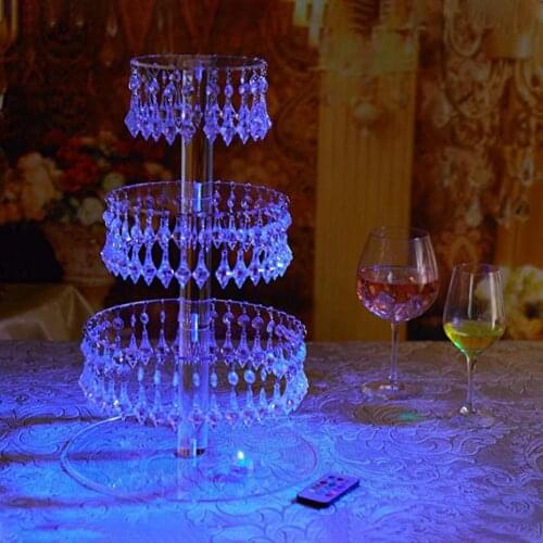 WU 4 Tier Round Acrylic Cupcake Stand Crystal Pendant LED Lamp Wedding Festival Display Rack Cake Stand