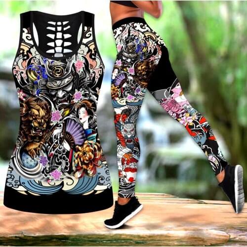 Women Leggings Fashion 3D Printed Samurai Geisha and Lion Tattoo Leggings & Tank top Sexy Elastic Female Skinny Leggings DDK12
