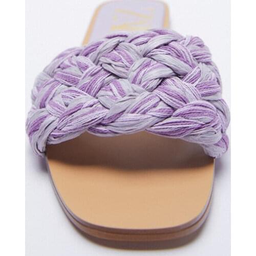 ZAR Brand Slippers Women Summer Luxury 2021 New Fashion Square Toe Weave Flat-Heeled Sandals Plus Size 41 Chaussure Femme Mujer