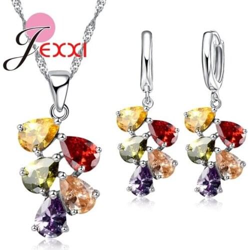 Elegant Geometric 925 Sterling Silver Cubic Zirconia Crystal Pendant Necklace Dorp Earrings Jewelry Sets For Women
