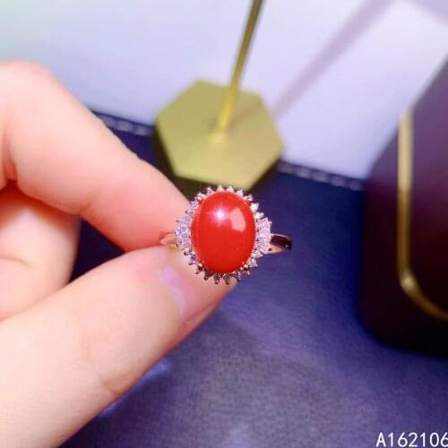 925 Pure Silver Chinese Style Natural Red Coral Womens Luxury Noble Simple Oval Adjustable Gemstone Ring Fine Jewelry Support D