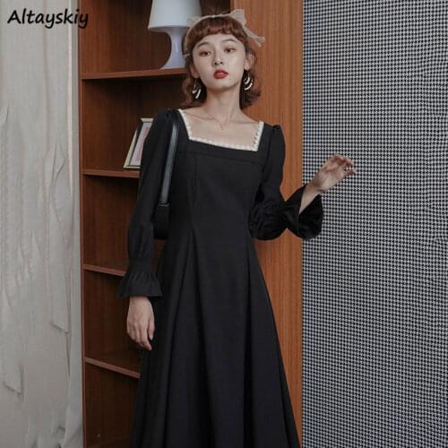 Black Dresses Women Lace Square Collar French Style Vintage Retro Loose Flare Sleeve Mid-calf Elegant Party Female Streetwear