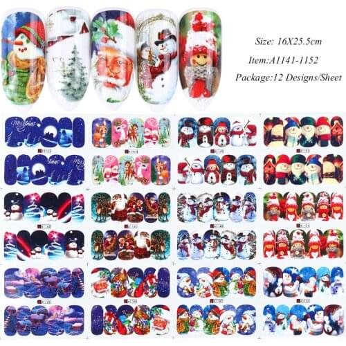 12 pcs Christmas 3D Nail Art Sticker santa Claus Elk Snowflakes &amp Cute Snowmen Nail Decals