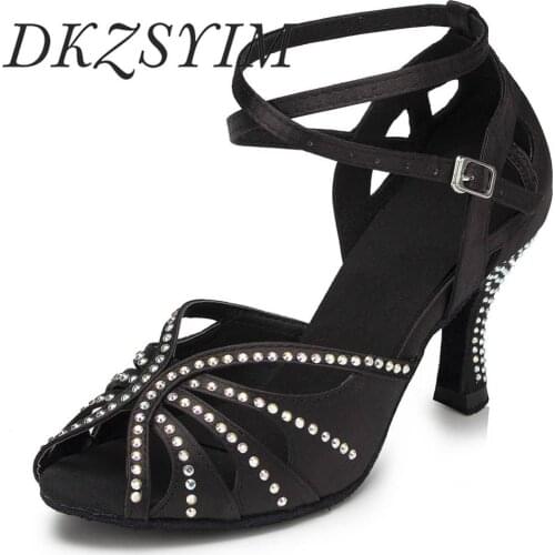DKZSYIM Rhinestone Latin Dance Shoes For Women Ballroom Tango Salsa Dance Shoes Party Ankle Strap Stileto Sexy High Hells 6-10CM