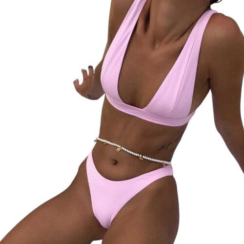 CPDD Women Sexy 2 Pieces Bikini Set Plunge Deep V-Neck Triangle Cup Push Up Swimsuit Low Waist Thong Solid Color Bathing Suit