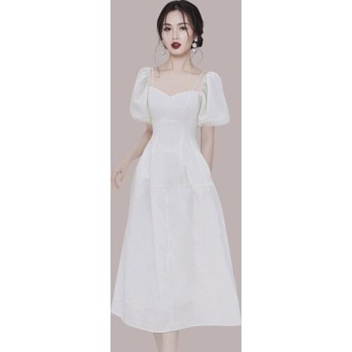 Chiffon Summer Dress Elegant Vintage Puff Sleeve Evening Women Dresses Bodycon Bandage White Sundress Party Sexy Korean Clothes
