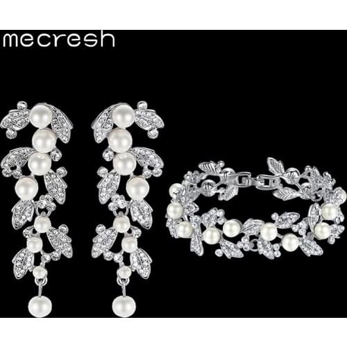 Mecresh Simulated Pearl Bridal Jewelry Sets Leaves Crystal Wedding Bracelet Earrings Sets Jewelry Christmas Gift SL089+EH604