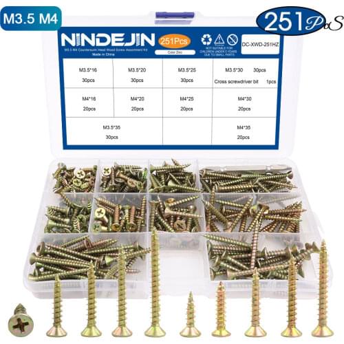 NINDEJIN 210pcs Wood Screw Set Cross Recessed Fiberboard Screw Zinc Plated Self Tapping Screw Countersunk Flat Head Board Screws