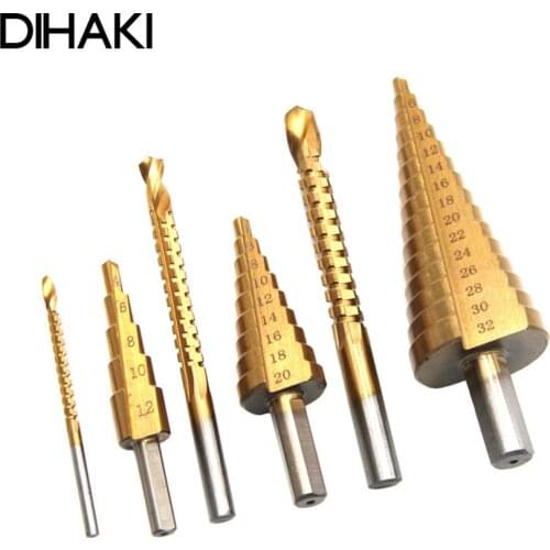 6pcs HSS Steel Titanium Step Drill Bit Set 4-12/20/32mm Metal Hole Cutter Wood Cone Core Drilling Hole Tool with 3/6/8 Saw Drill