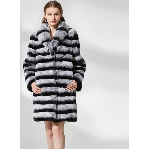 Real rex rabbit coat with turn down collar medium long style autumn winter classical long sleeve chinchilla rex rabbit fur coat