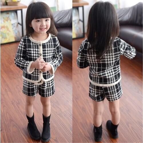 New Fashion Kids Girls houndstooth Outfit Childrens were Princess top+short 2pcs set Girls winter outfit ST19060