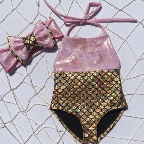 2021 newest arrival Baby Girl Swimwear Bodysuit Two Pieces Toddler Kids Fish Scales Swimsuit+Headband for Summer