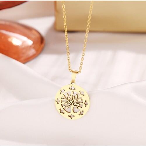 DOTIFI 316L Stainless Steel Necklace Round Pendant Hollow Flower Delicate Tree Necklaces For Women Jewelry Collares Bijoux Femme