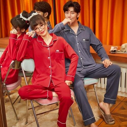 Couple Cotton Long Sleeve 2-piece Set Pajamas Set Winter Men Women Sleepwear Simple Soft Leisure Solid Turn-down Collar Homewear