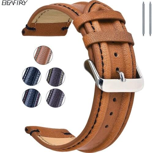 BEAFIRY Genuine Leather Watch Band 20mm 22mm Litchi leather Strap Retro Watchband Light Brown Dark Brown Black for fossil Belt