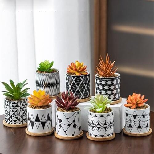 Modern Geometric Pattern Flower Pot Simple Black White Ceramic Succulent Plant Pot Desktop Creative Home Garden Decoration