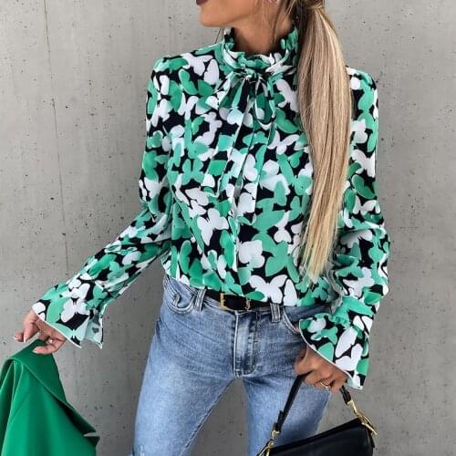 Autumn Ladies Office Print Shirt 2021 Women Long Sleeve Single Breasted Shirts Tunic Chic Tops Elegant Turtleneck Bow Blouses