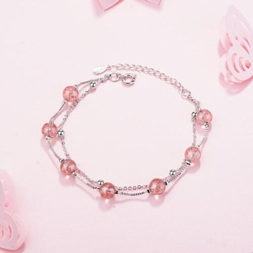 Sole Memory Double-layer Natural Strawberry Crystal Powder Fresh 925 Sterling Silver Female Resizable Bracelets SBR104