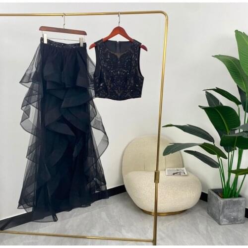 Ladies 2 Pieces Set 2021 Summer Top Quality Sequined Sleeveless Tank Tops And High Waist Ruffles Long Skirts