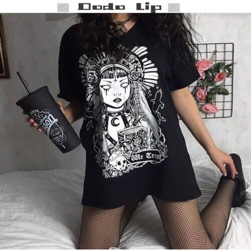 2020 New Summer womens Long T-shirt dress Gothic punk Cotton Witch short sleeve Korean street Style INS hip Hop sexy T-shi