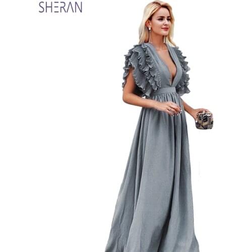 2019 Fashion Women Sleeveless Ruffles Summer Dress High Waist Deep V Neck Sexy Long Maxi Dress Holiday Party Dress For Ladies