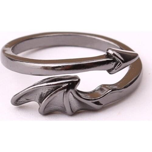 1PC Punk Black Devil Wing Open Ring For Women Men Simple Personality Arrow Feather Lover Ring Jewelry