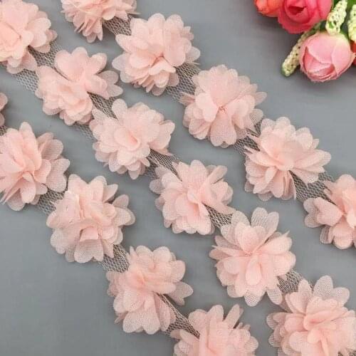 2 Yards Pink 3D Flower Lace Trim Ribbon Fabric Bride Wedding Dress Clothes Hat Applique DIY Handmade Trimmings Sewing Craft
