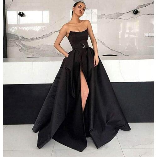 2021 Satin Strapless Prom Dresses with Pockets High Split Sleeveless Formal Evening Party Gowns Robe De Soiree