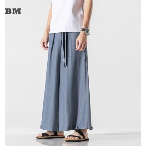 2021 Summer Thin Loose Ice Silk Wide Pants Men Clothing Plus Size Straight Culottes Casual Hanfu Harajuku Baggy Trousers Male