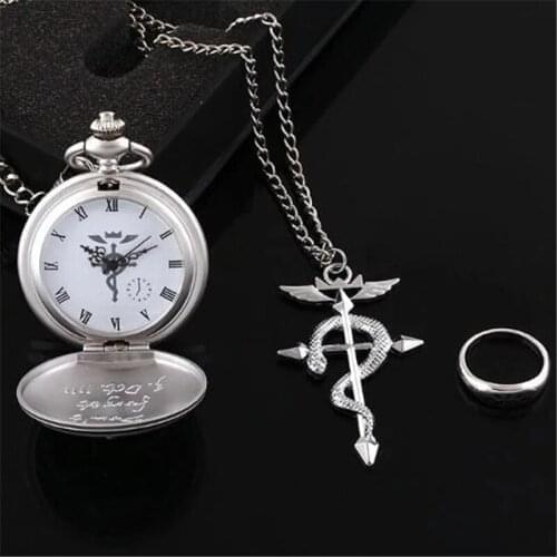 5sets/lot Vintage Alchemist Edward Elric Cosplay Pocket Watch Necklace Ring 3pcs Set With Box Jewelry Accessory Wholesale