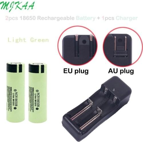 MJKAA 2pcs 18650 3400mAh 3.7v lithium NCR Rechargeable Battery + US AU Plug Black 220V Dual Li-Ion 18650 Battery Charger