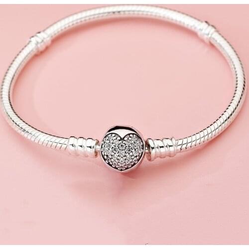 Authentic 925 Sterling Silver Pan Bracelet New Fashion Heart-shaped Clasp Snake Bone Bracelet Fit Charm Women Jewelry