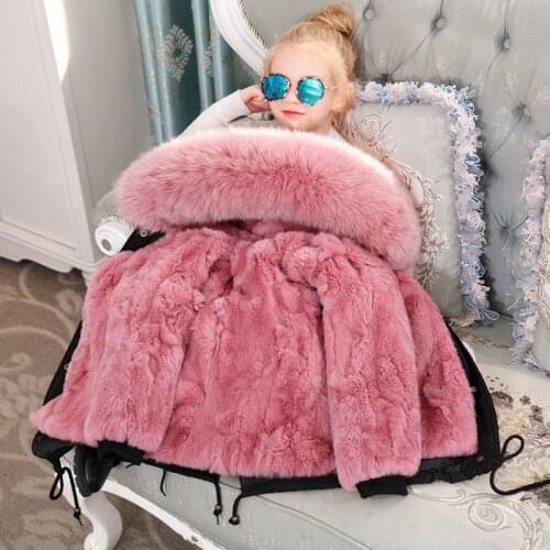 Children Thick Rex Rabbit Fur Parkas Boys Girls Fox Fur Hooded Coats Winter Fashion Warm Long Clothes Outerwear