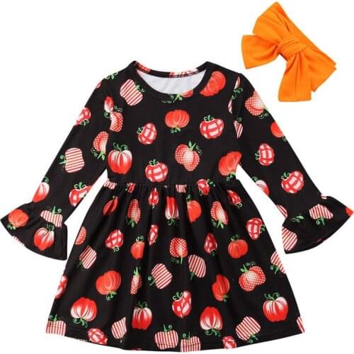 Halloween Kids Baby Girls Pumpkin Long Sleeve Party Dress Headband Outfits 0-5T Party Princess Long Sleeve Dress