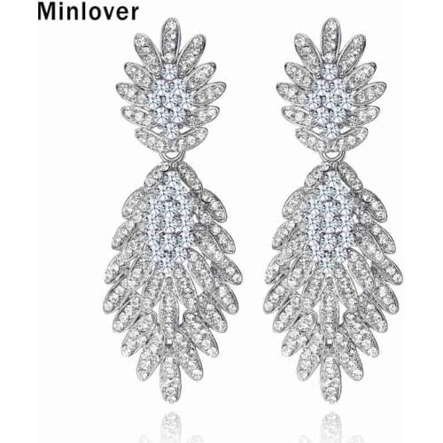 Minlover Leaf Long Drop Earrings for Bride Color Rhinestone Wedding Engagement Hanging Earrings Jewelry Gift MEH945
