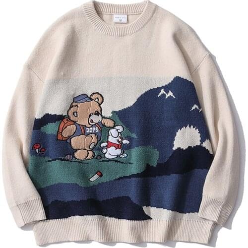Snow Mountain Bear Embroidery Knitted Jumper Sweaters Streetwear Mens Hip Hop Harajuku Casual Knitwear Fashion Knit Tops Unisex