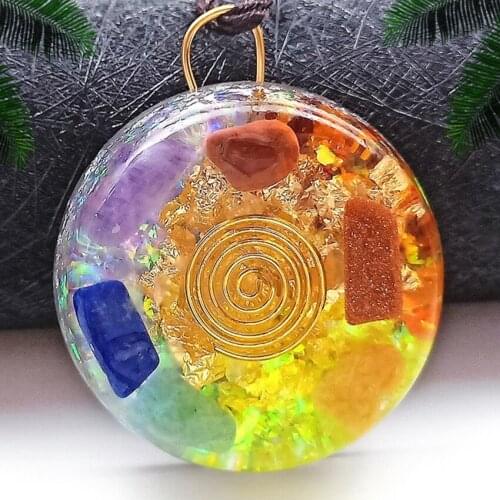 FYJS Unique Light Yellow Gold Color Spiral Orgonite Stone and Resin Round Pendant Rope Chain Necklac Healing Chakra Jewelry