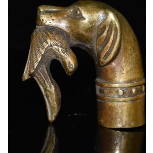 China archaize brass dog Bite the eagle crutch head crafts statue