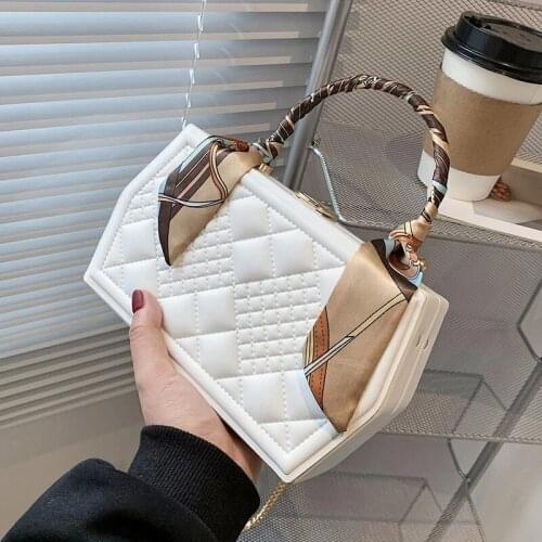Leather Box Style Ladies Handbag Metal Handle Purses Scarf Fashion Shoulder Chain Bag Party Wedding Clutch Designer Bag 2021