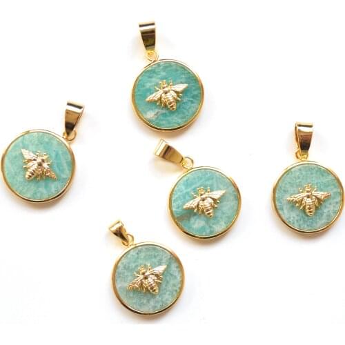 Round Amazonite pendants with gold electroplated insect paved pendant