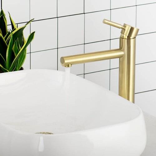 Brushed Gold Brass Bathroom Basin Faucet Tall Style Single Handle Single Hole Deck Mounted Cold And Hot Water Mixer Taps