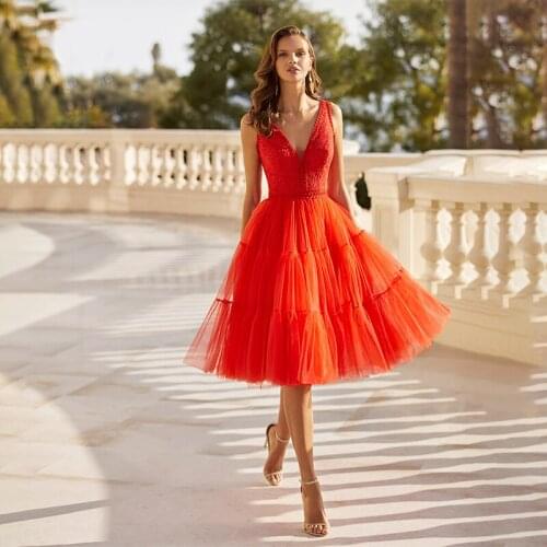 Fashion V Neck Tulle Knee Length Tulle Lace Prom Dresses A Line Puffy Skirt Evening Party Dress Cheap vestido