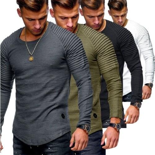 2021 Hot New monochrome sleeves pleated detail long-sleeved T-shirt mens spring casual top pullover fashion slim basic clothing