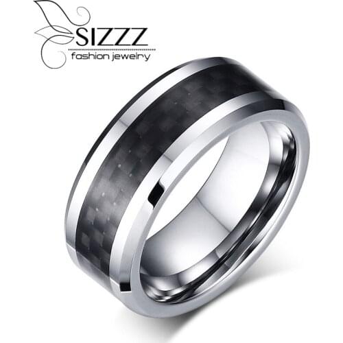 SIZZZ 2017 New 100% Tungsten Carbide Ring For Men Black Carbon Fiber Mens Ring Jewelry 8MM wide