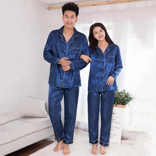 Sleeve Suit Silk Satin Men Pajamas Set Fashion Sleepwear Couple Solid Color Long Sleeve Suit Pajamas For Men Sleepwear Suit