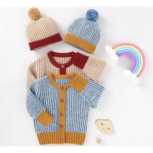 Infant Baby Boys Girls Warm Knitted Cardigan Long Sleeve Single-breasted Top+Plush Ball Cap Coat Toddlers Winter Autumn Jacket