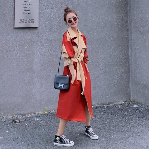 Trench Coat Womens 2020 Spring Autumn Fashion Splicing Suit Collar Double Breasted Loose Mid-Length Elegant Woman Windbreaker
