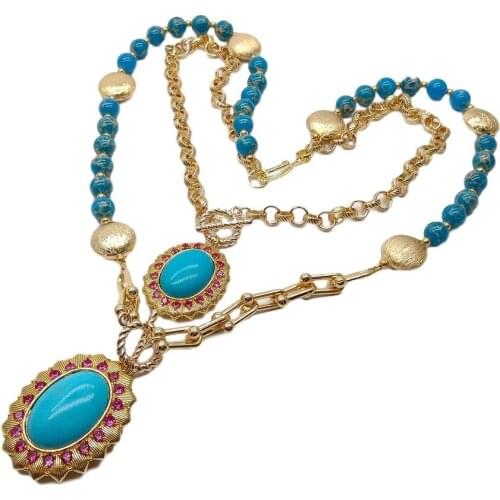 YYGEM CZ Pave Blue Sea Sediment Jasper Turquoise Pendant Chain statement Necklace Earrings Set 18" for women